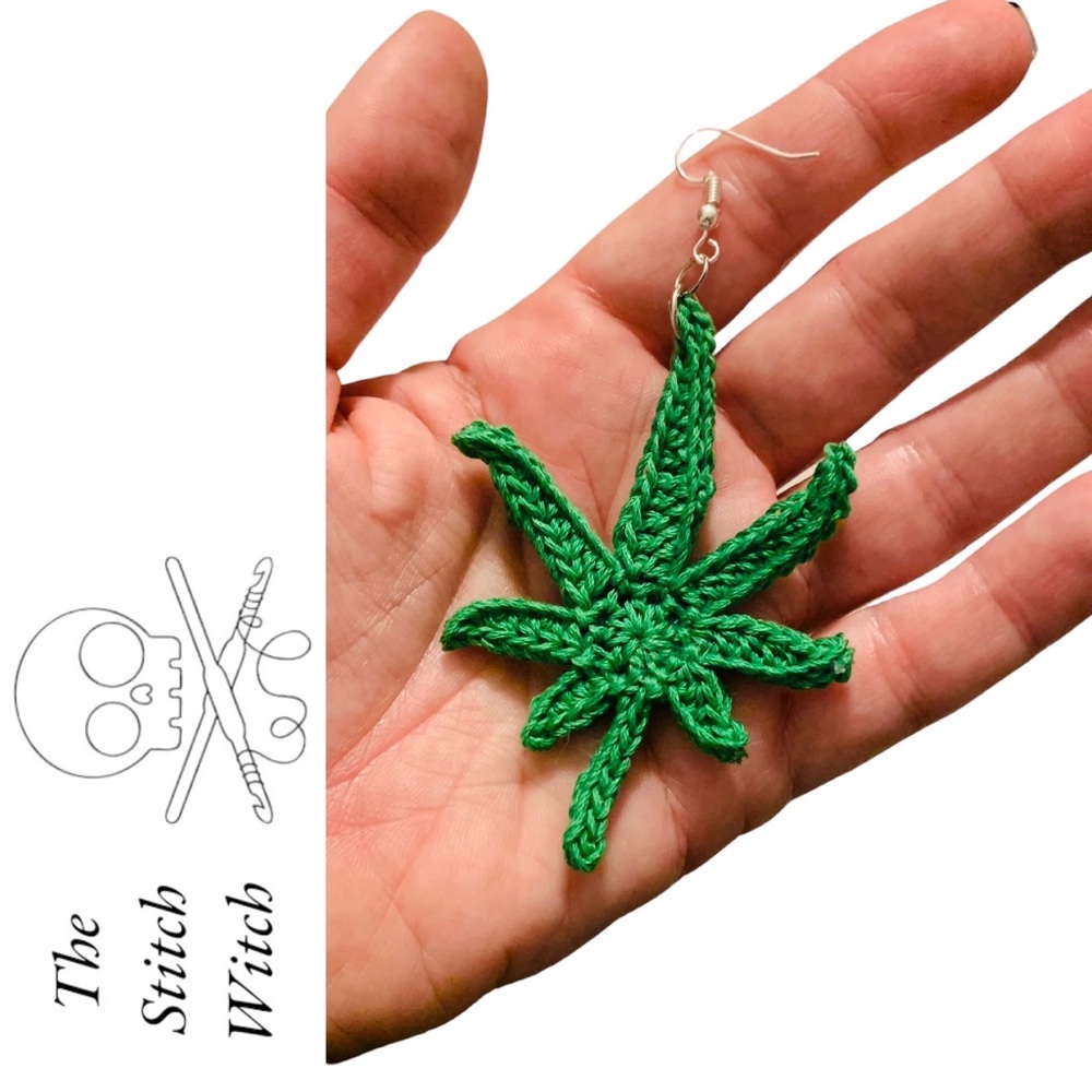 HAND CROCHETED 420 Mary Jane Leaf Dangle Earrings